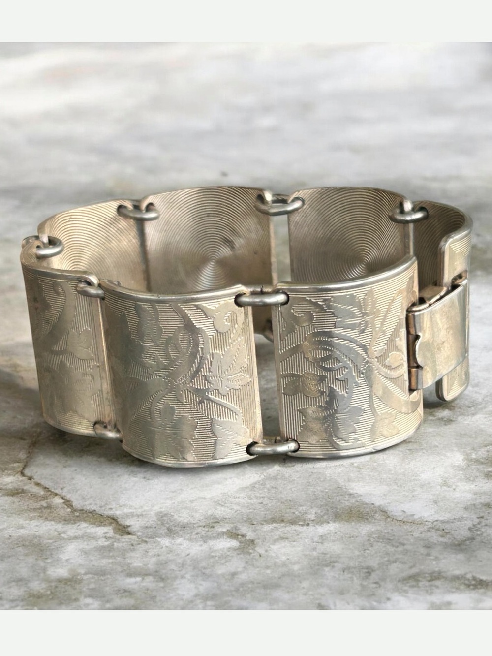 Vintage Signed K & L German 835 Silver Botanical Panel Bracelet/1930’s-50’s